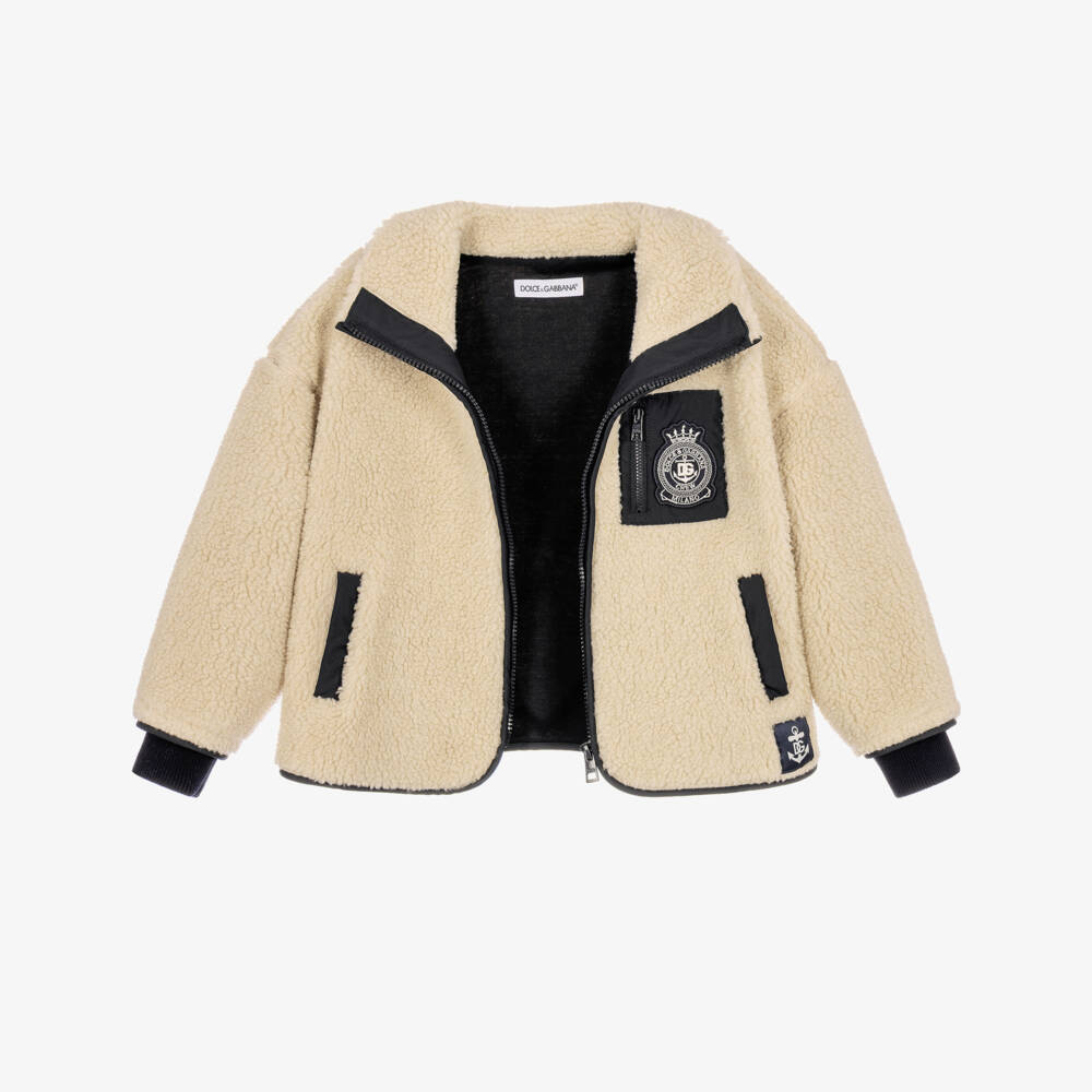 Dolce & Gabbana-Boys Beige Sherpa Fleece Jacket with Nautical Logo | Childrensalon