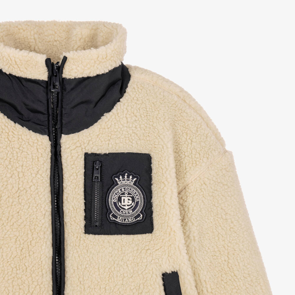 Dolce & Gabbana-Boys Beige Sherpa Fleece Jacket with Nautical Logo | Childrensalon