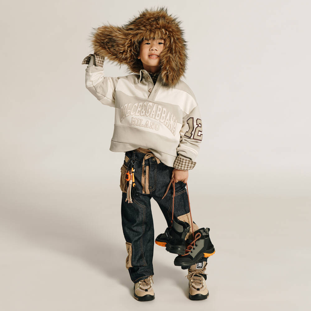 Dolce & Gabbana-Boys Beige Striped Cotton Collared Sweatshirt | Childrensalon