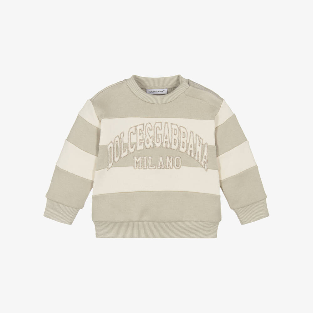 Dolce & Gabbana-Boys Beige Striped Cotton Sweatshirt with Embroidered Logo | Childrensalon