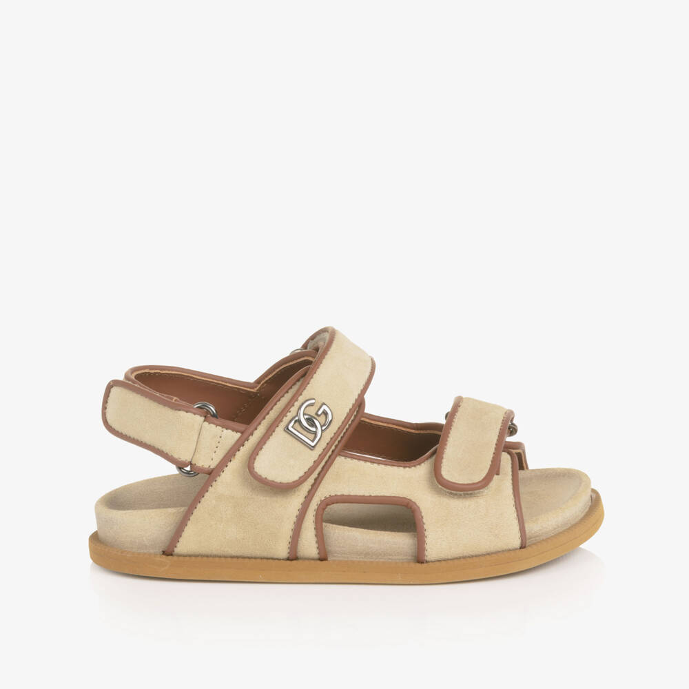Dolce & Gabbana-Boys Beige Suede Leather DG Velcro Sandals | Childrensalon