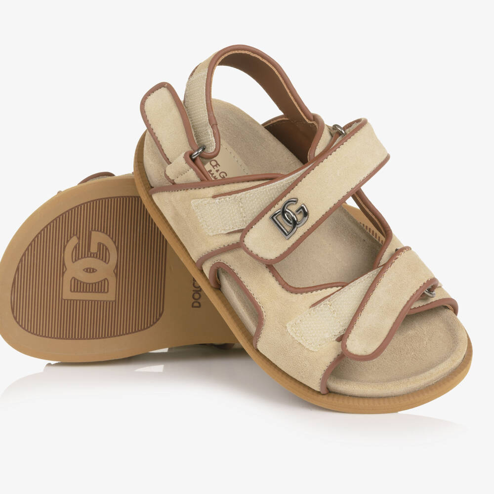 Dolce & Gabbana-Boys Beige Suede Leather DG Velcro Sandals | Childrensalon