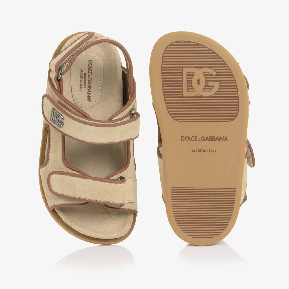Dolce & Gabbana-Boys Beige Suede Leather DG Velcro Sandals | Childrensalon