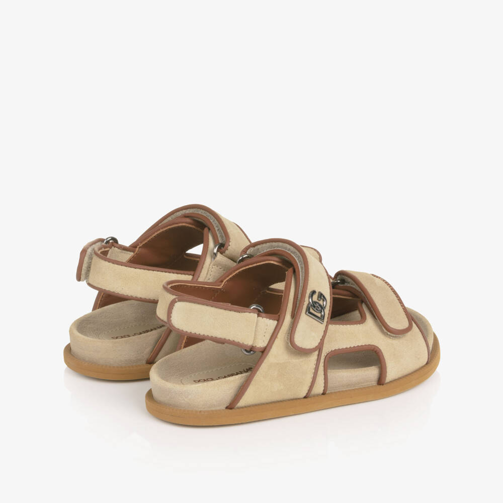 Dolce & Gabbana-Boys Beige Suede Leather DG Velcro Sandals | Childrensalon