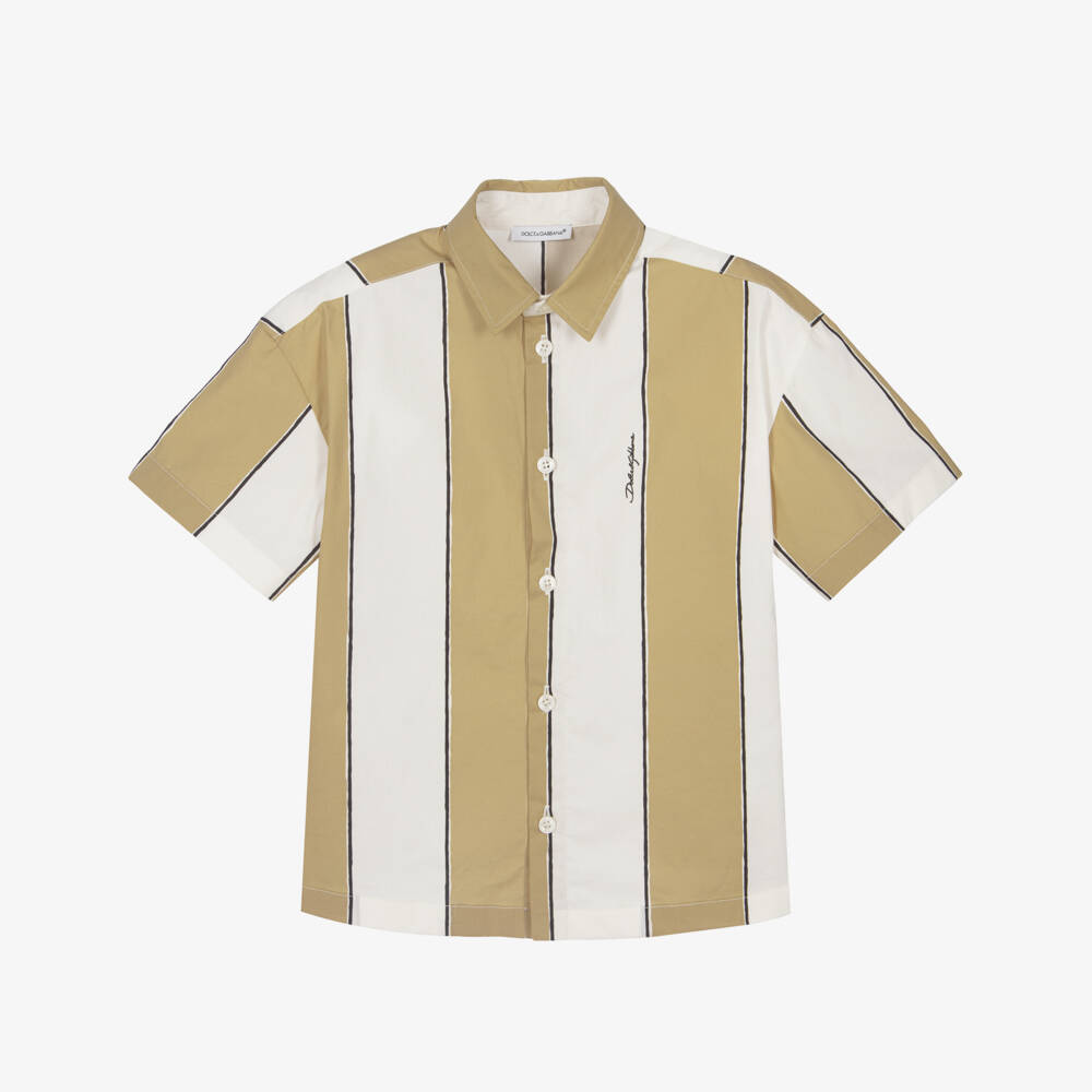 Dolce & Gabbana-Boys Beige & White Striped Poplin Shirt | Childrensalon