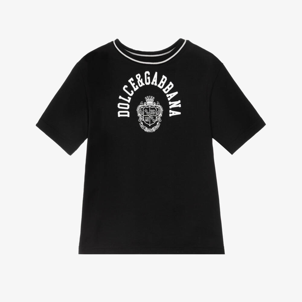 Dolce & Gabbana-Boys Black Cotton Jersey T-Shirt with White Crest Logo Print | Childrensalon