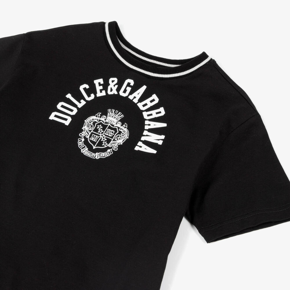 Dolce & Gabbana-Boys Black Cotton Jersey T-Shirt with White Crest Logo Print | Childrensalon