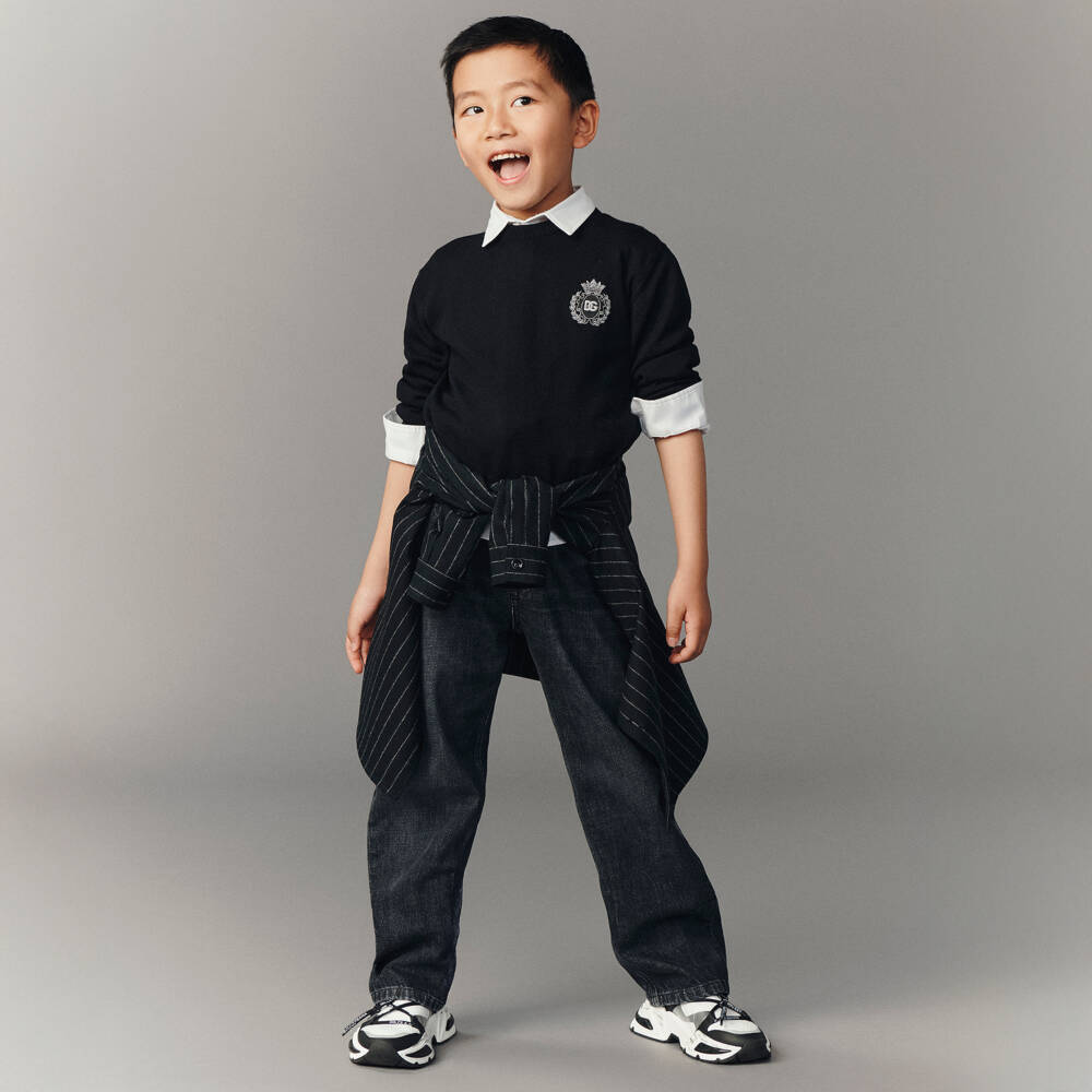 Dolce & Gabbana-Boys Black Crest Logo Wool Jumper | Childrensalon