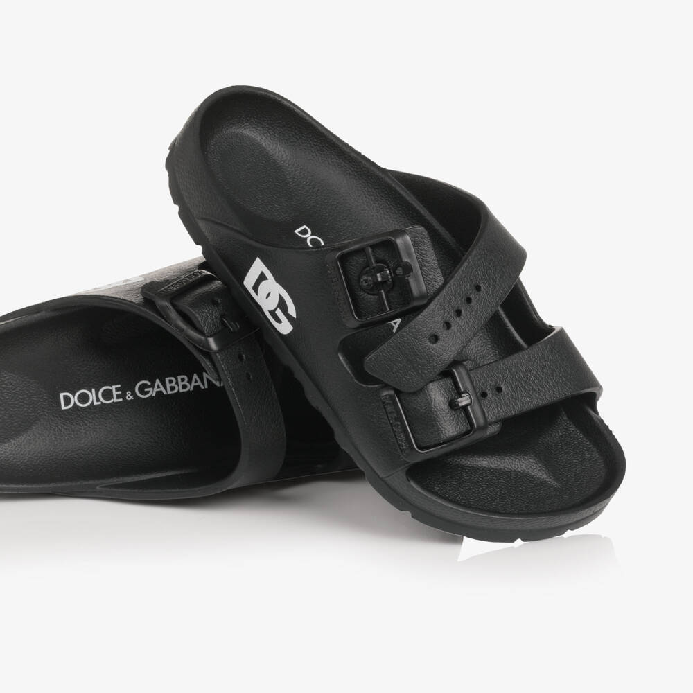Dolce & Gabbana-Boys Black Double Strap Sliders with DG Logo | Childrensalon