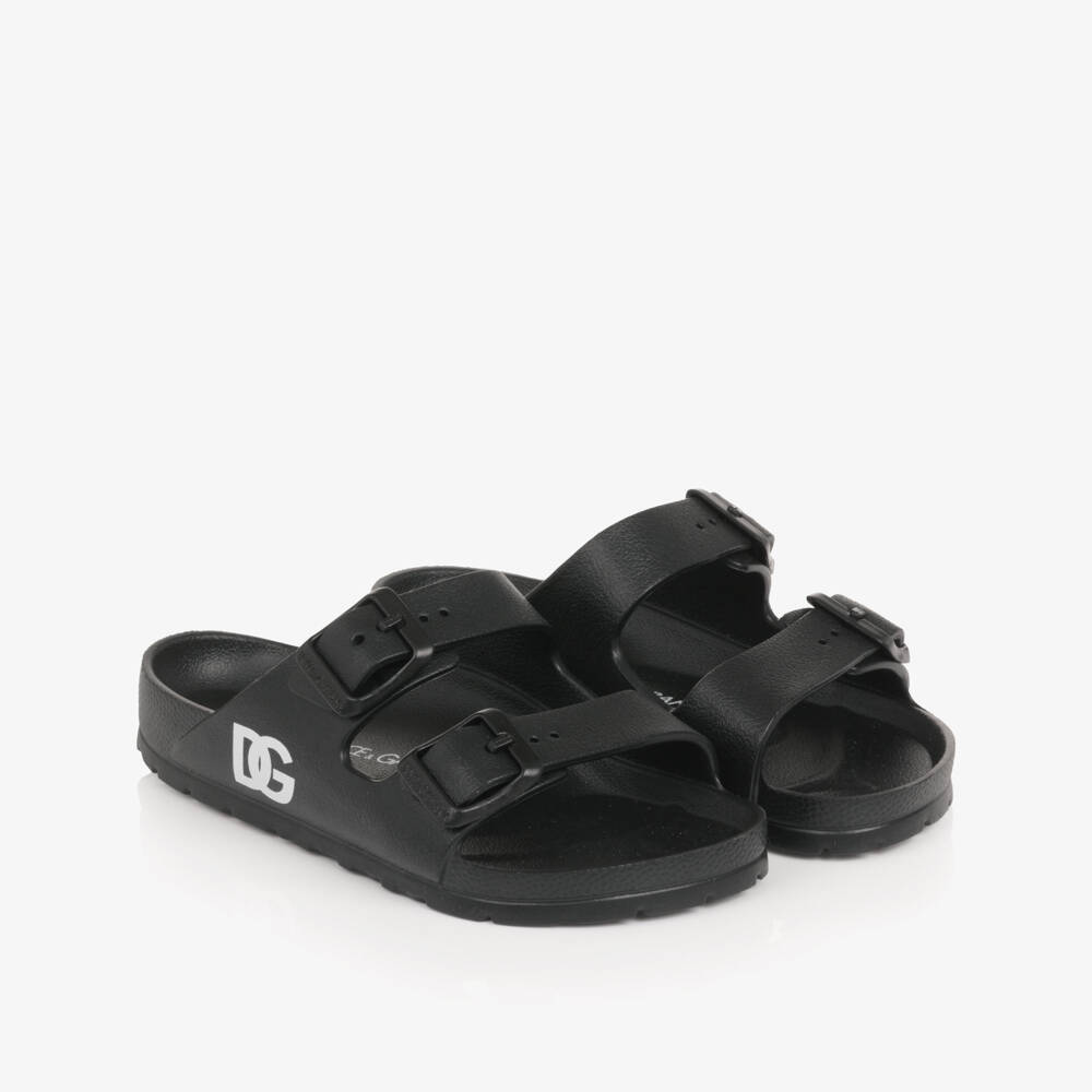 Dolce & Gabbana-Boys Black Double Strap Sliders with DG Logo | Childrensalon