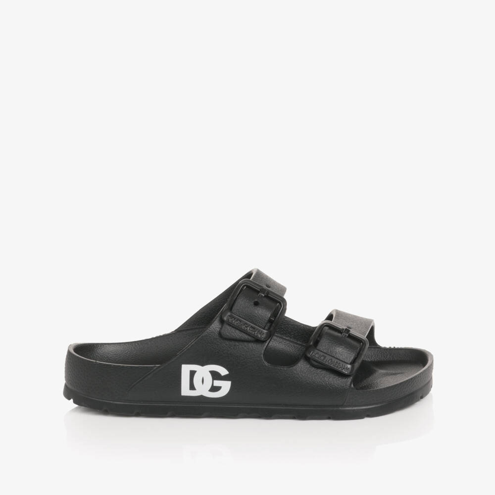Dolce & Gabbana-Boys Black Double Strap Sliders with DG Logo | Childrensalon