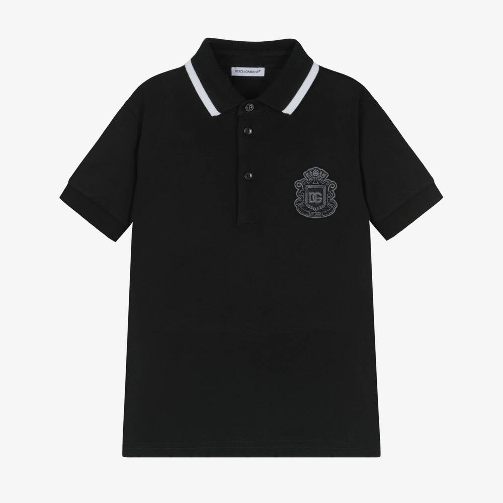 Dolce & Gabbana-Boys Black Piqué Polo Shirt with DG Heraldic Patch | Childrensalon