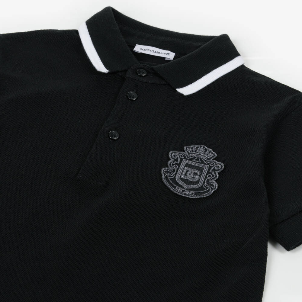 Dolce & Gabbana-Boys Black Piqué Polo Shirt with DG Heraldic Patch | Childrensalon