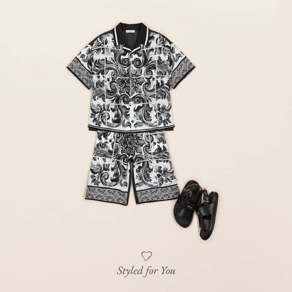 Dolce & Gabbana-Boys Black & White Majolica Print Chambray Shirt | Childrensalon