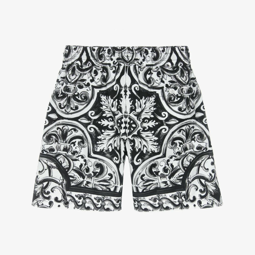 Dolce & Gabbana-Boys Black & White Majolica Print Cotton Poplin Shorts | Childrensalon
