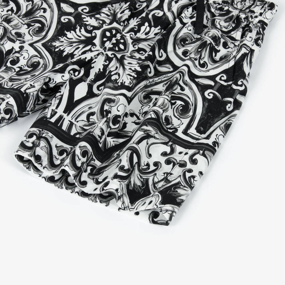 Dolce & Gabbana-Boys Black & White Majolica Print Cotton Poplin Shorts | Childrensalon