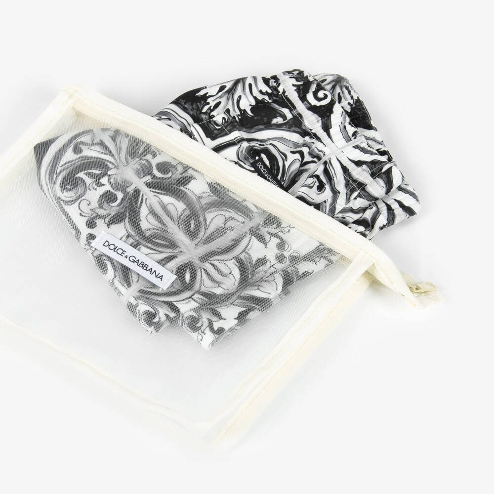 Dolce & Gabbana-Boys Black & White Majolica Print Swim Shorts | Childrensalon