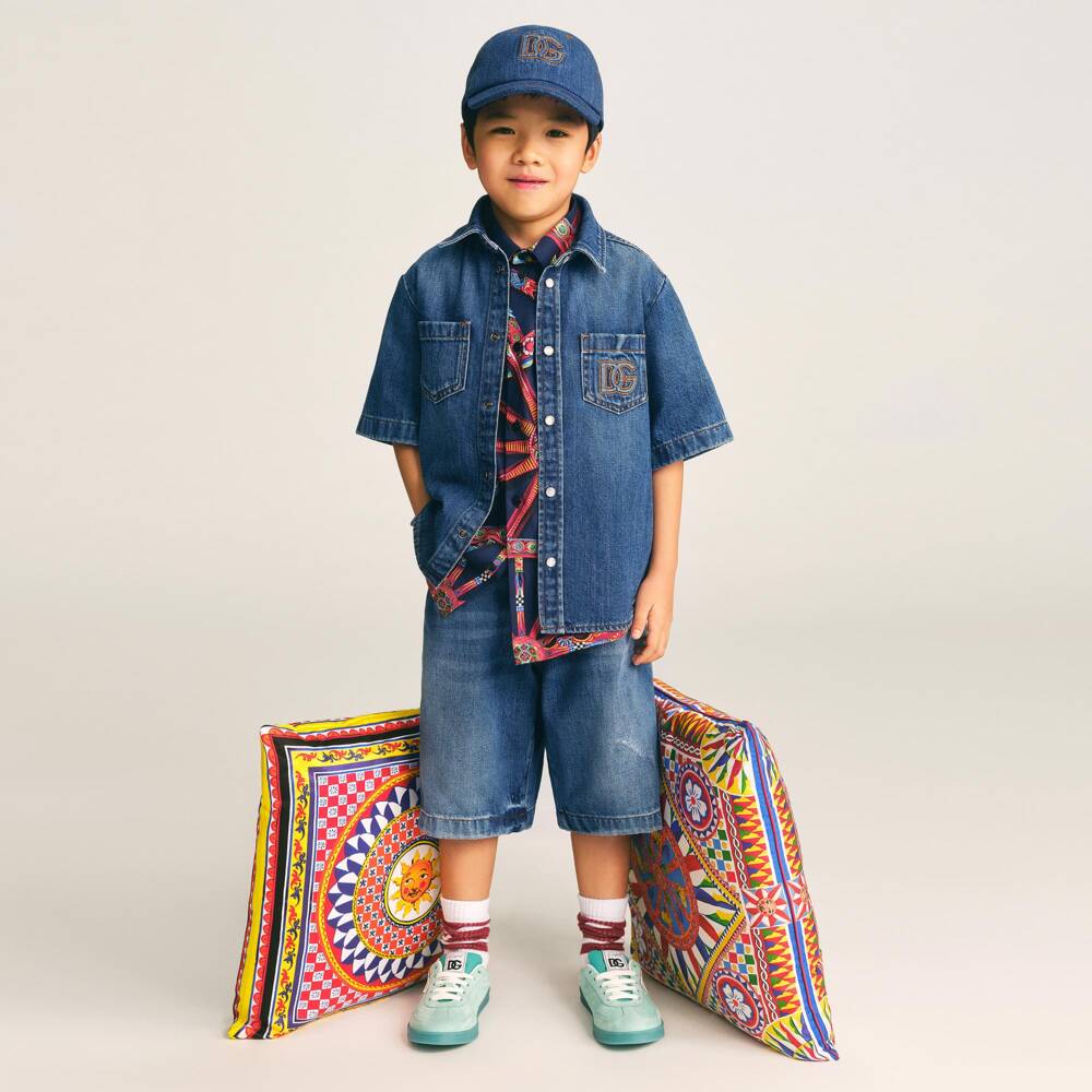 Dolce & Gabbana-Boys Blue Denim Elasticated Shorts with DG Logo | Childrensalon