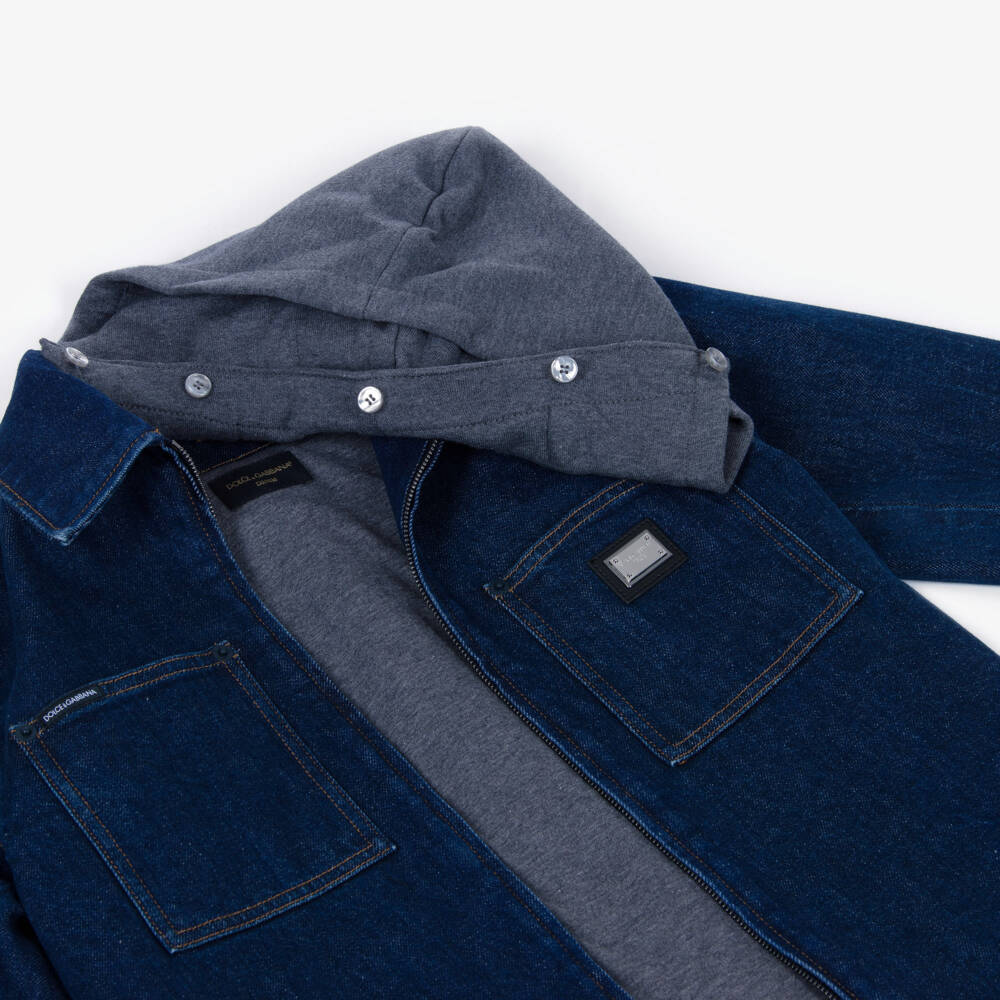 Dolce & Gabbana-Boys Blue Denim Jacket with Detachable Hood | Childrensalon