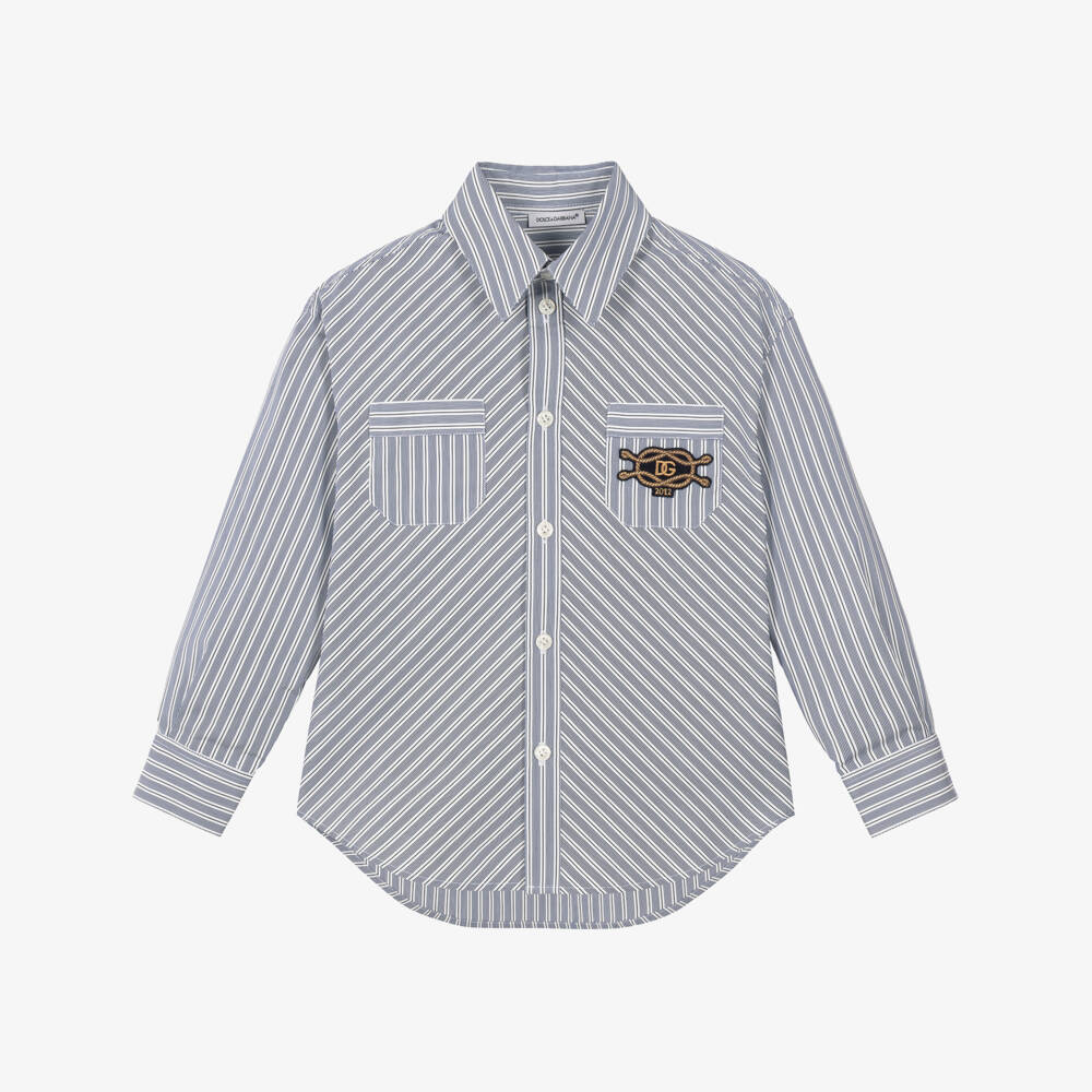 Dolce & Gabbana-Boys Blue Striped Cotton Shirt with Marina Logo | Childrensalon