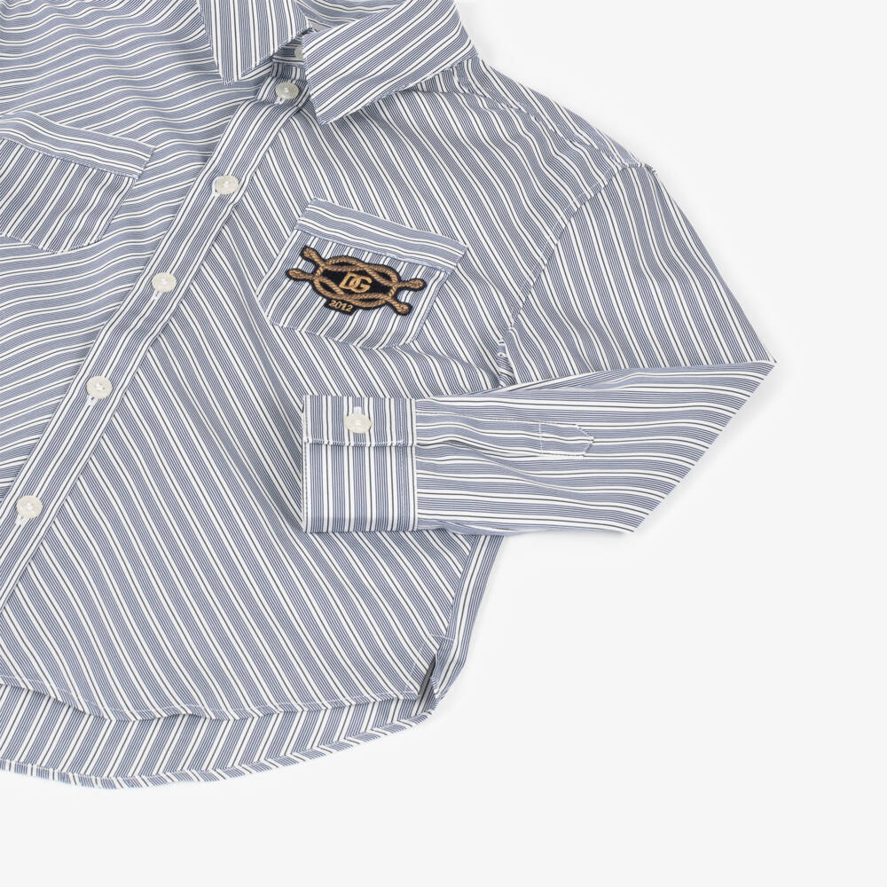 Dolce & Gabbana-Boys Blue Striped Cotton Shirt with Marina Logo | Childrensalon