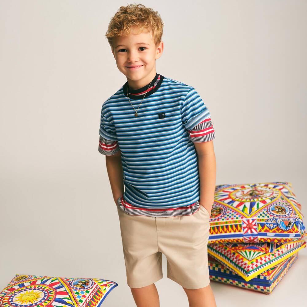 Dolce & Gabbana-Boys Blue Striped Jersey Crew Neck T-Shirt | Childrensalon