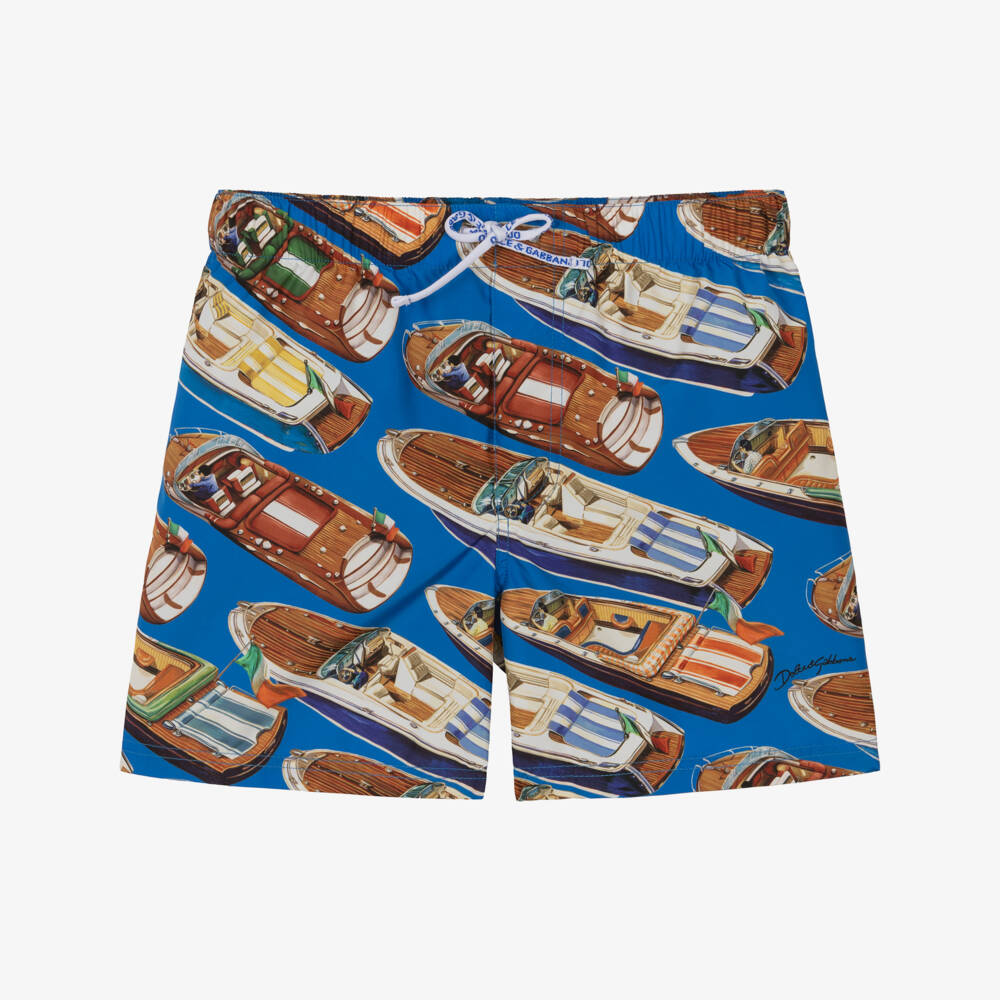 Dolce & Gabbana-Boys Blue Swim Shorts with Motorboat Print | Childrensalon