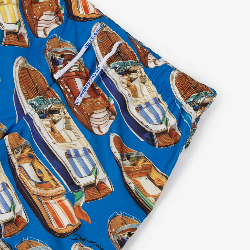 Dolce & Gabbana-Boys Blue Swim Shorts with Motorboat Print | Childrensalon