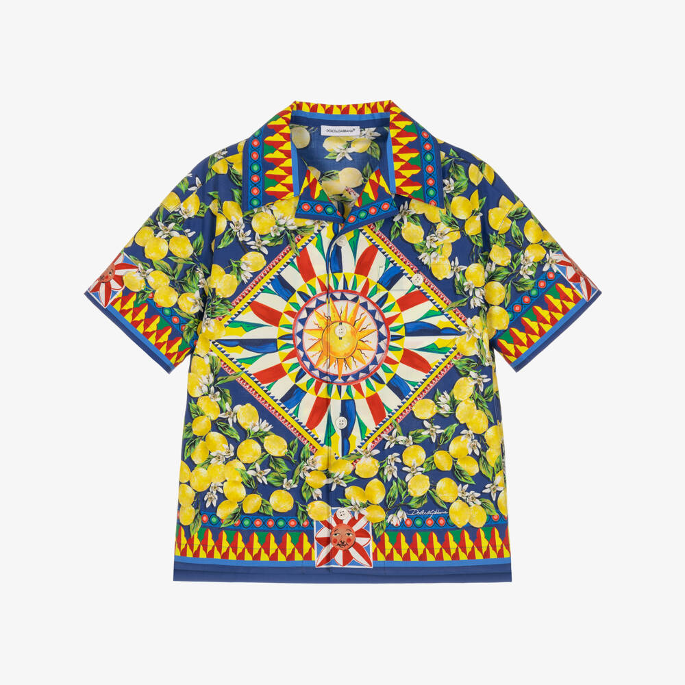 Dolce & Gabbana-Boys Blue & Yellow Carretto Print Poplin Shirt | Childrensalon
