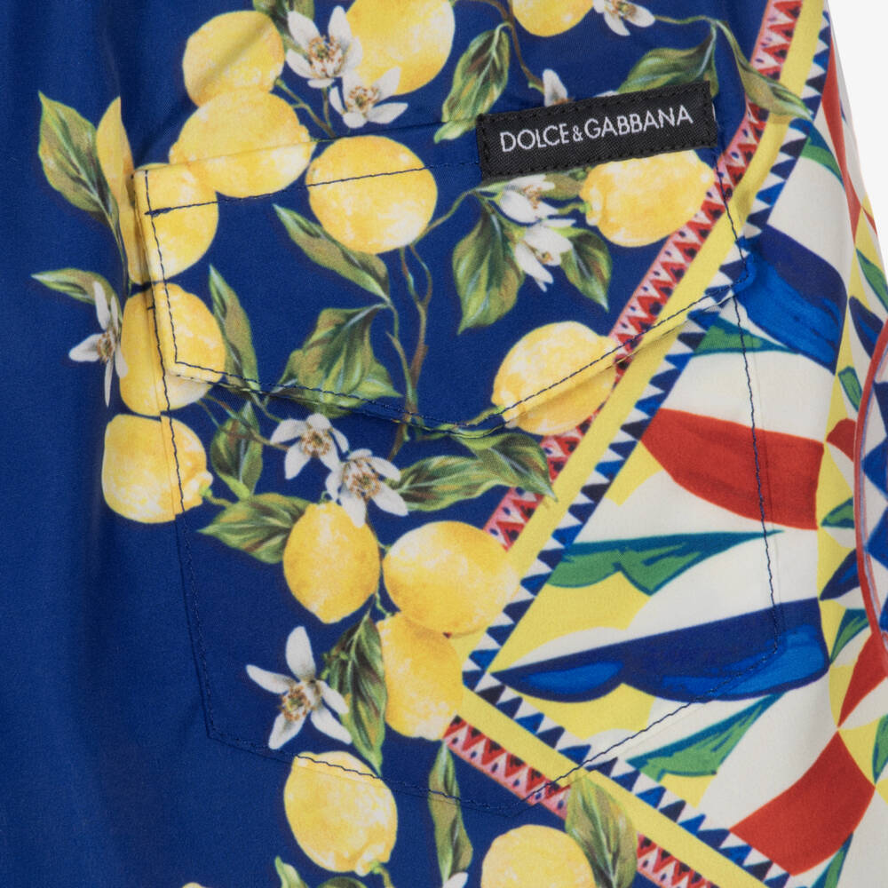 Dolce & Gabbana-Boys Blue & Yellow Carretto Swim Shorts | Childrensalon