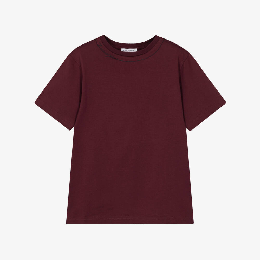 Dolce & Gabbana-Boys Bordeaux Red Cotton T-Shirt with Embroidered Logo | Childrensalon