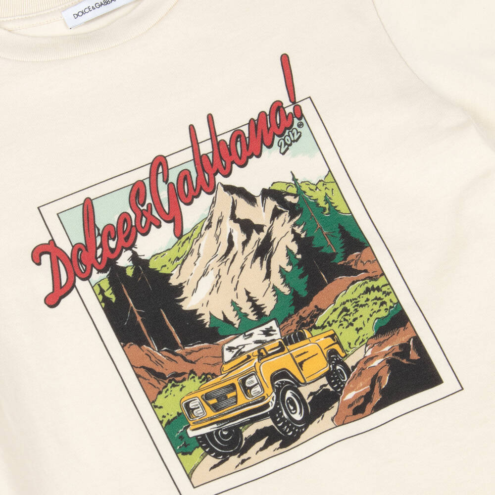 Dolce & Gabbana-Boys Cream Cotton Mountain Explorer Print T-Shirt | Childrensalon