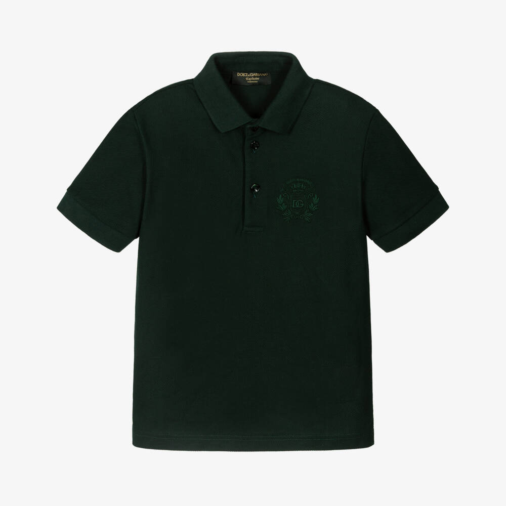 Dolce & Gabbana-Boys Dark Green Cotton Piqué Polo Shirt with Crest Logo | Childrensalon