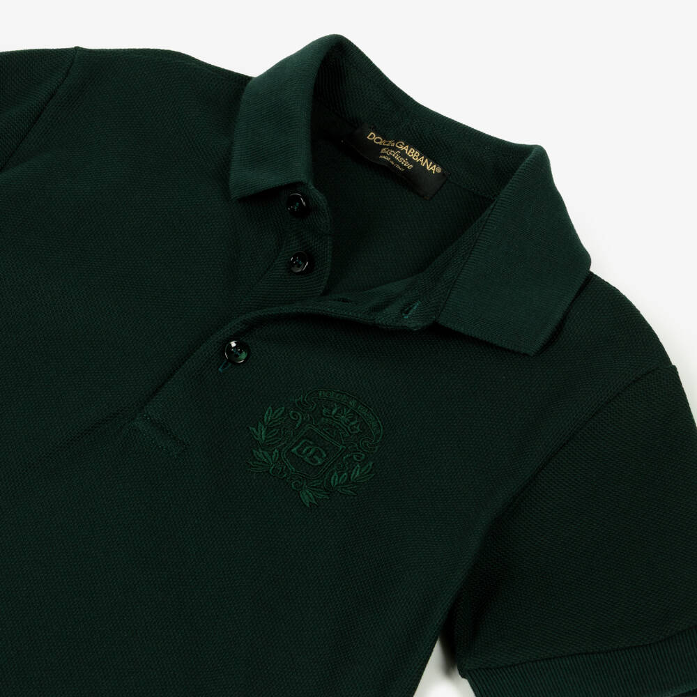 Dolce & Gabbana-Boys Dark Green Cotton Piqué Polo Shirt with Crest Logo | Childrensalon