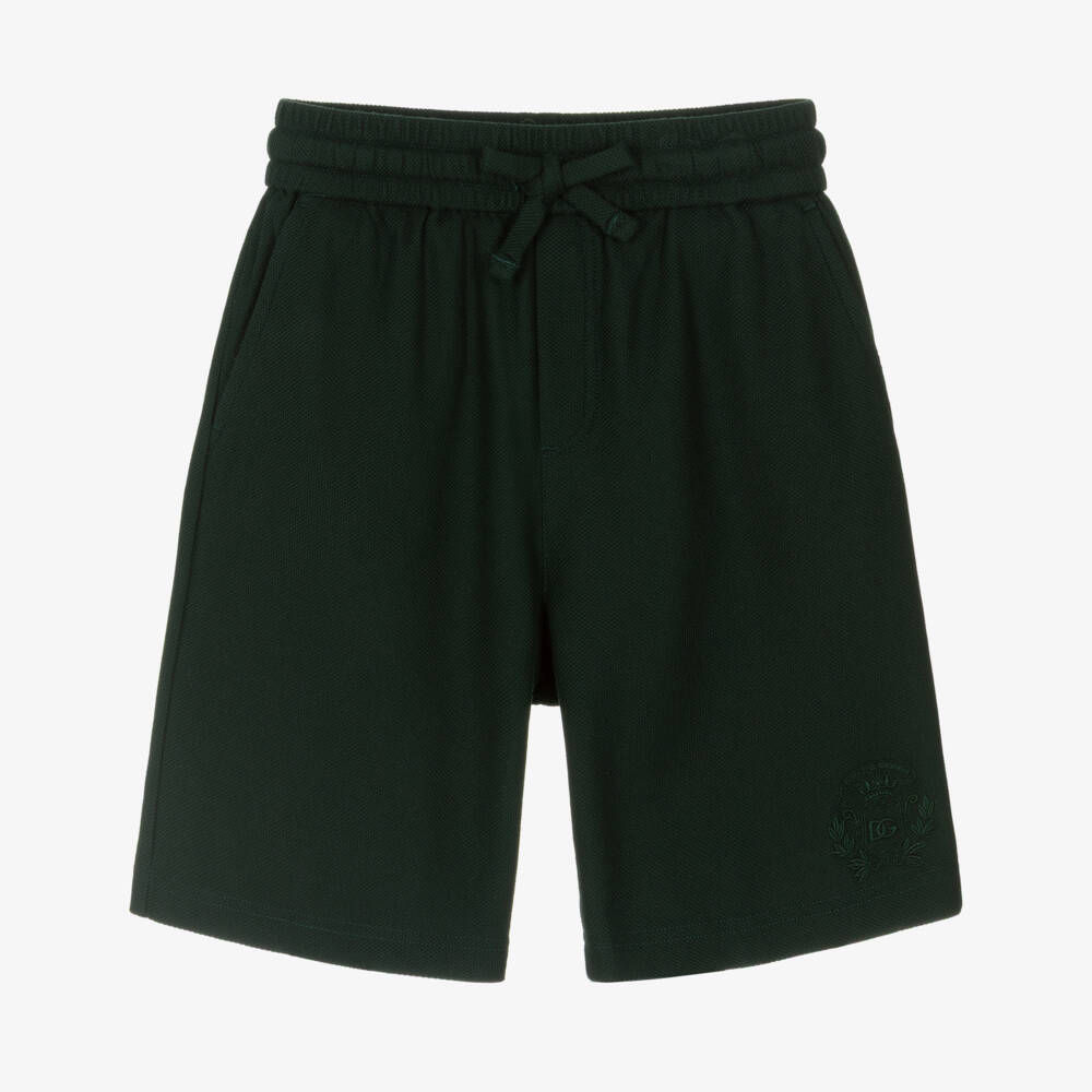 Dolce & Gabbana-Boys Dark Green Cotton Piqué Shorts with Crest Logo | Childrensalon