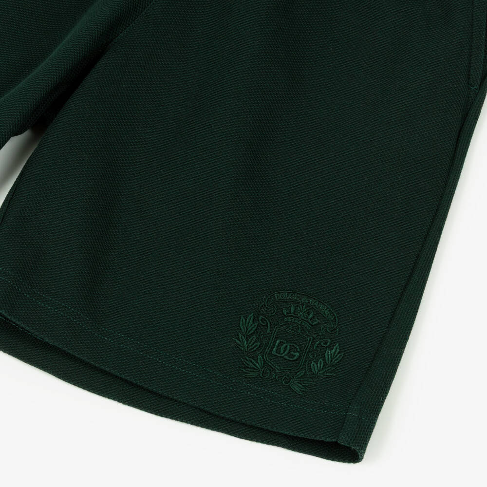 Dolce & Gabbana-Boys Dark Green Cotton Piqué Shorts with Crest Logo | Childrensalon