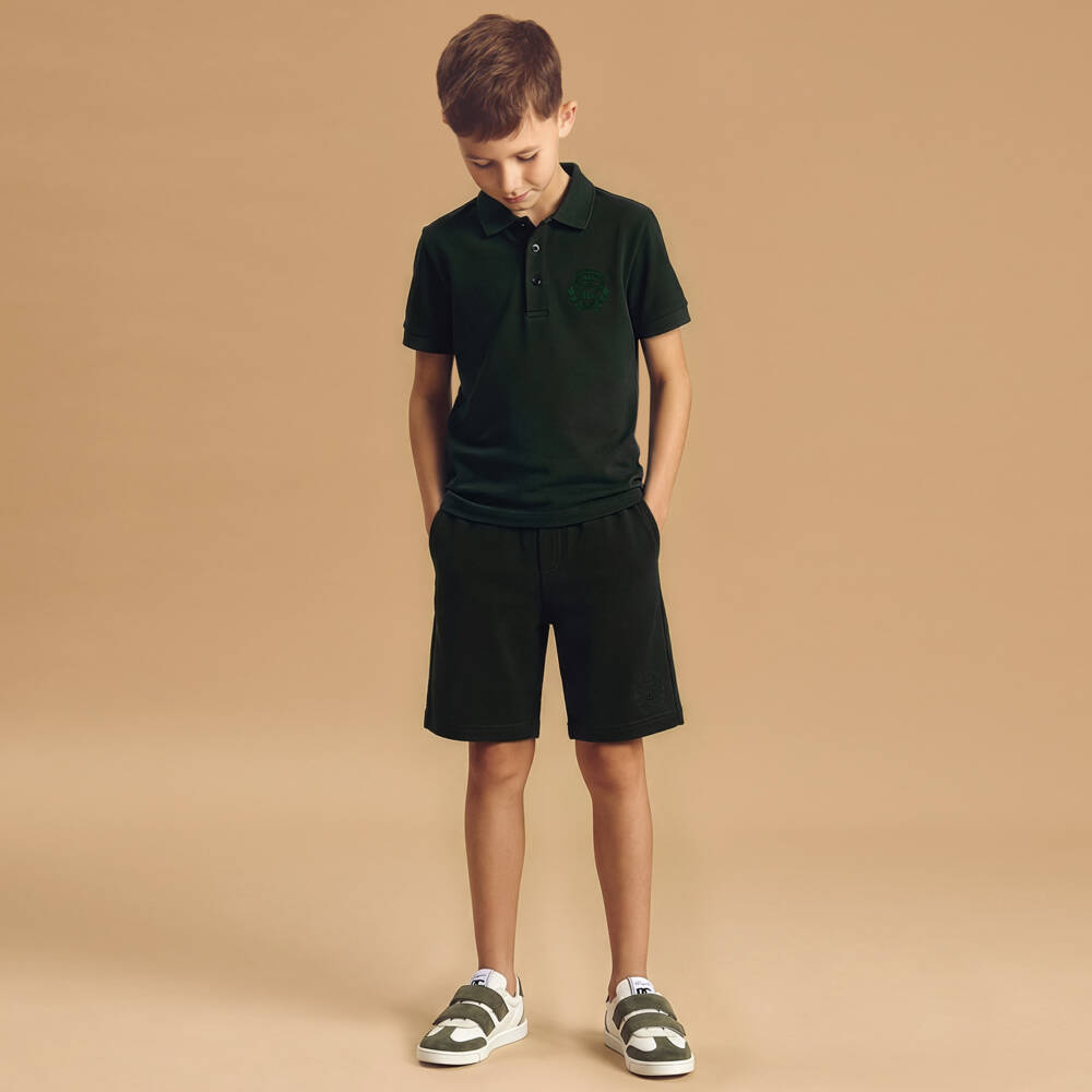 Dolce & Gabbana-Boys Dark Green Cotton Piqué Shorts with Crest Logo | Childrensalon