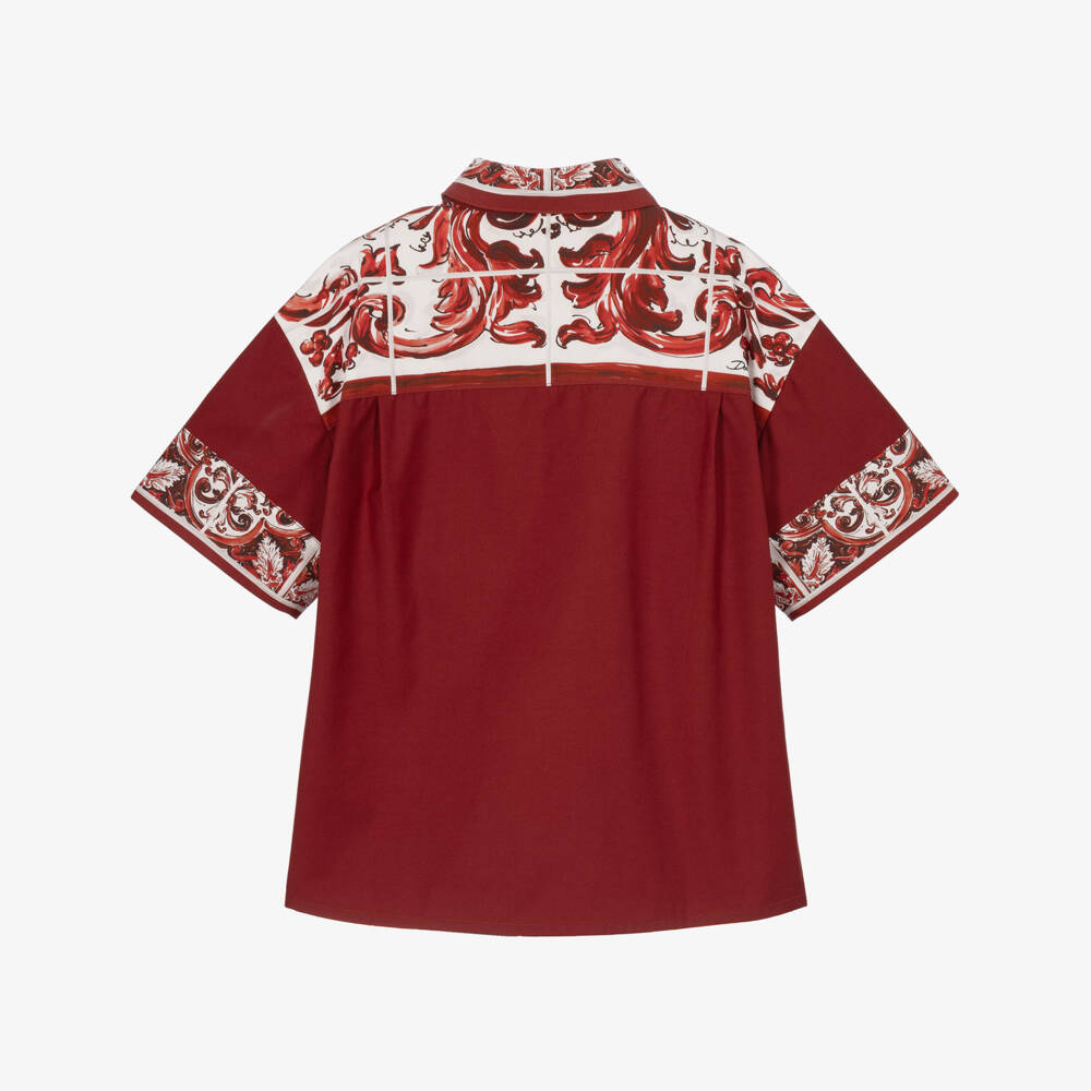 Dolce & Gabbana-Boys Dark Red Majolica Print Poplin Shirt | Childrensalon