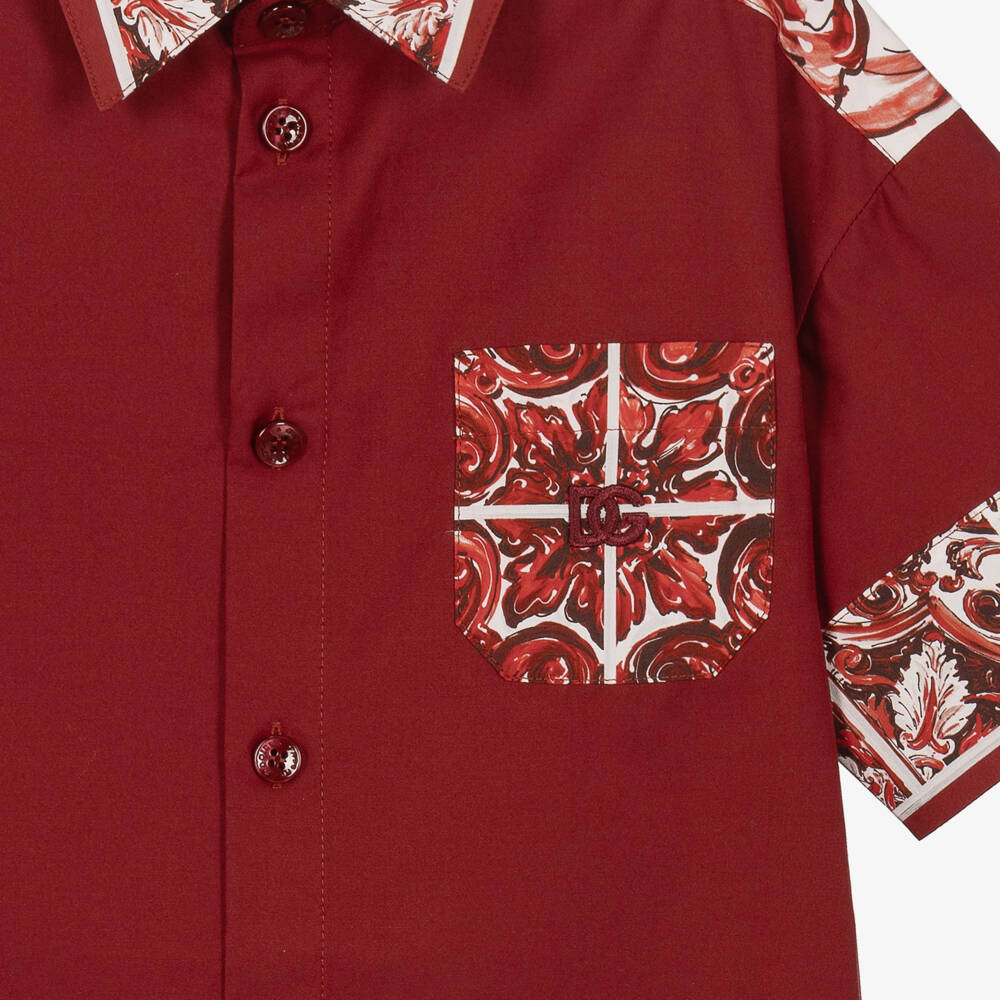 Dolce & Gabbana-Boys Dark Red Majolica Print Poplin Shirt | Childrensalon