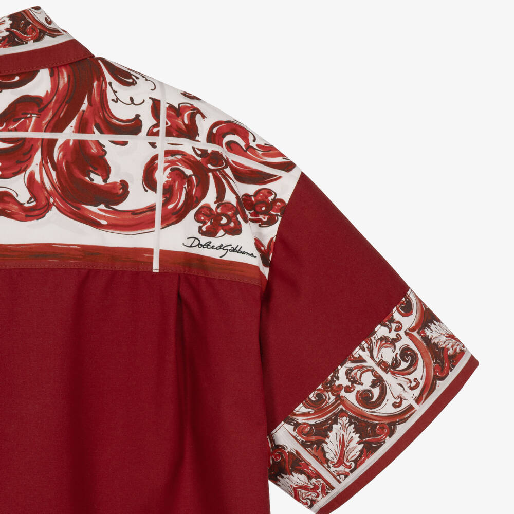 Dolce & Gabbana-Boys Dark Red Majolica Print Poplin Shirt | Childrensalon
