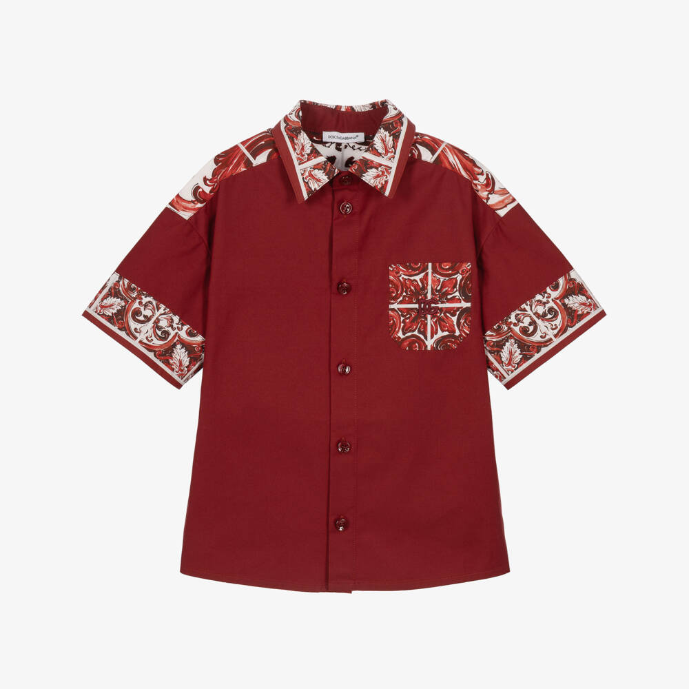 Dolce & Gabbana-Boys Dark Red Majolica Print Poplin Shirt | Childrensalon