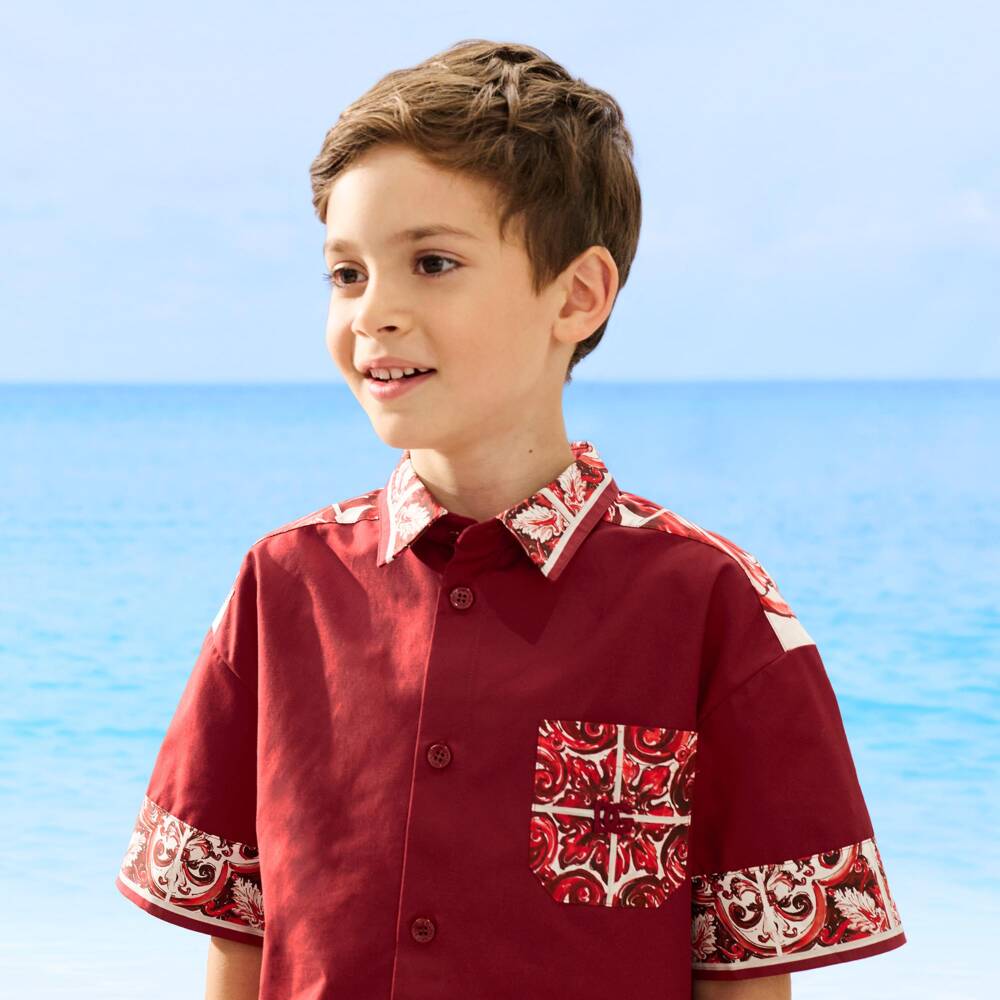 Dolce & Gabbana-Boys Dark Red Majolica Print Poplin Shirt | Childrensalon