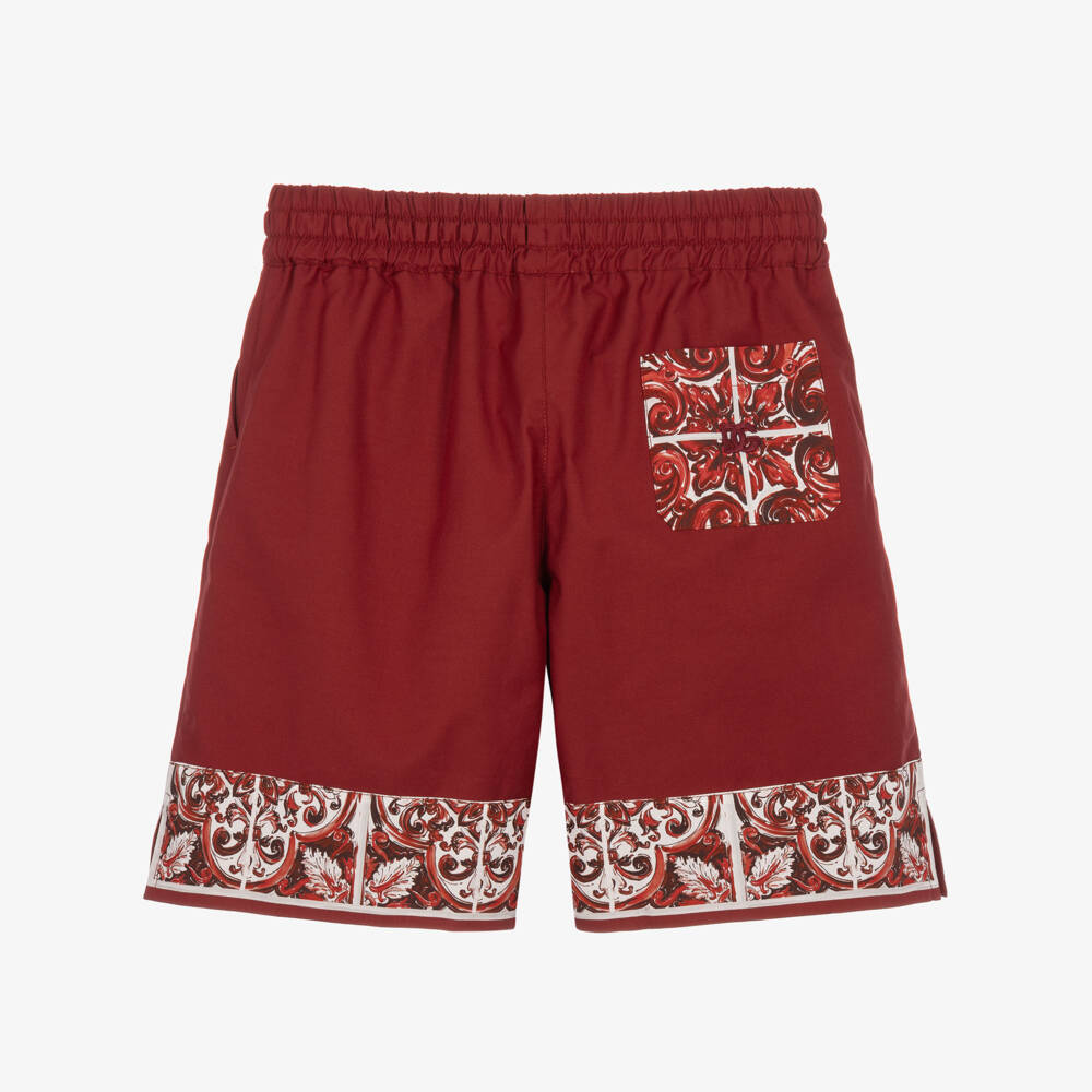 Dolce & Gabbana-Boys Dark Red Majolica Print Poplin Shorts | Childrensalon