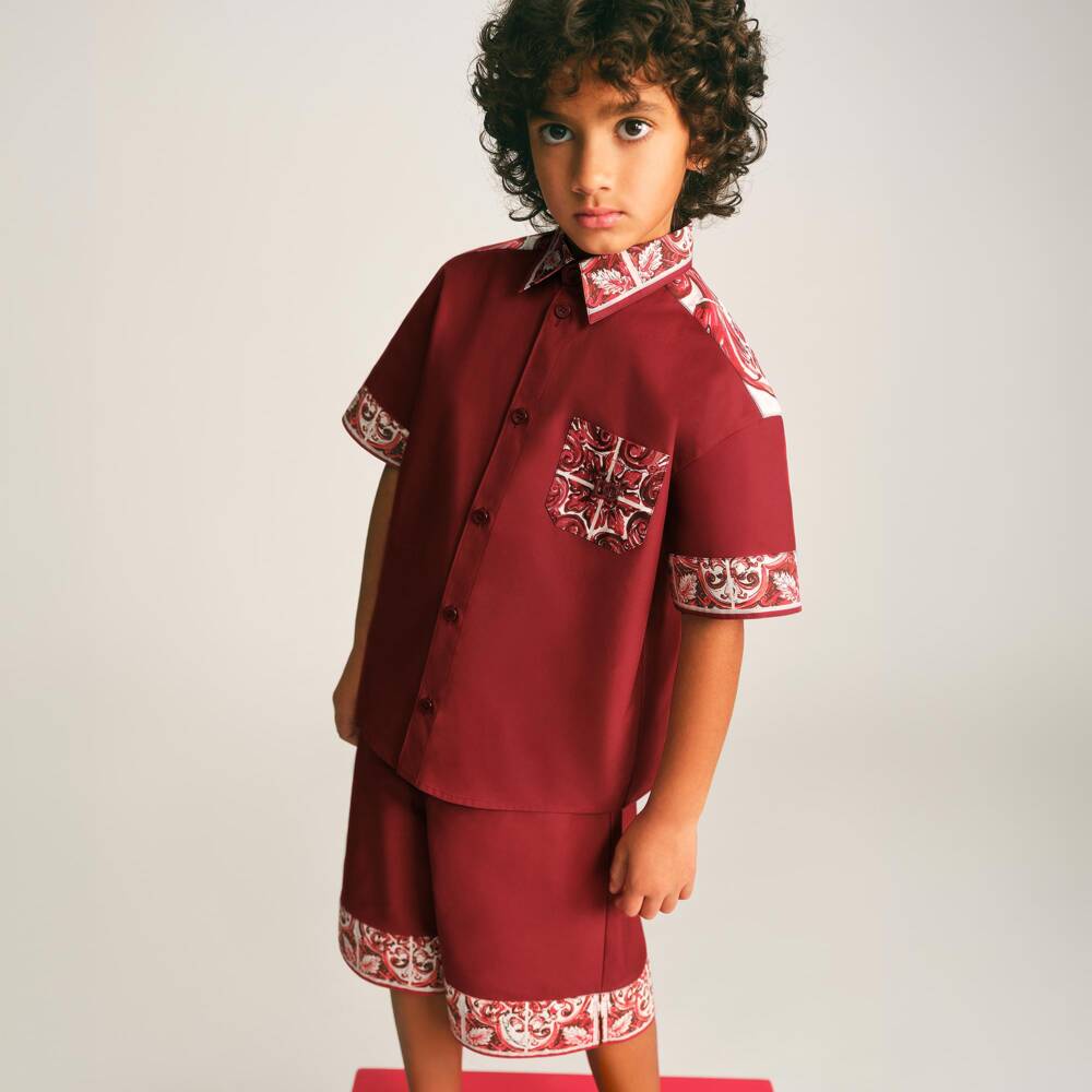 Dolce & Gabbana-Boys Dark Red Majolica Print Poplin Shorts | Childrensalon