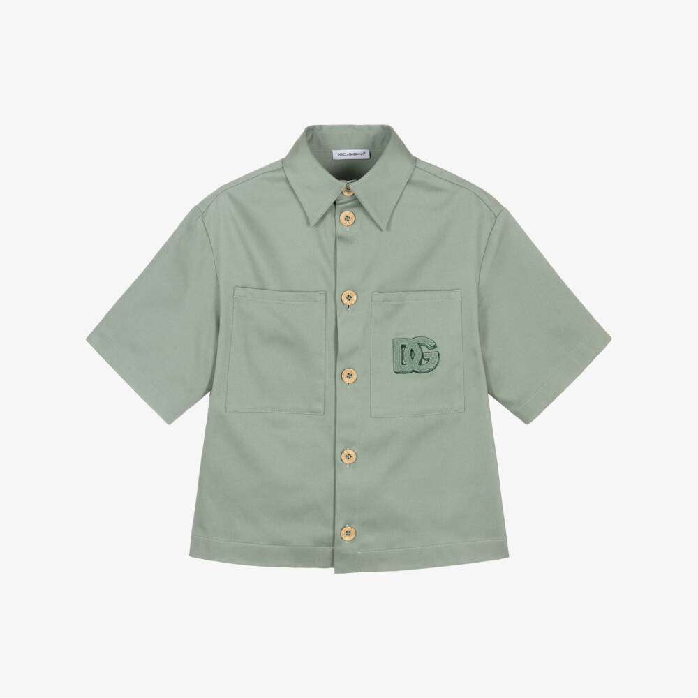 Dolce & Gabbana-Boys Green Cotton Sateen DG Logo Shirt | Childrensalon