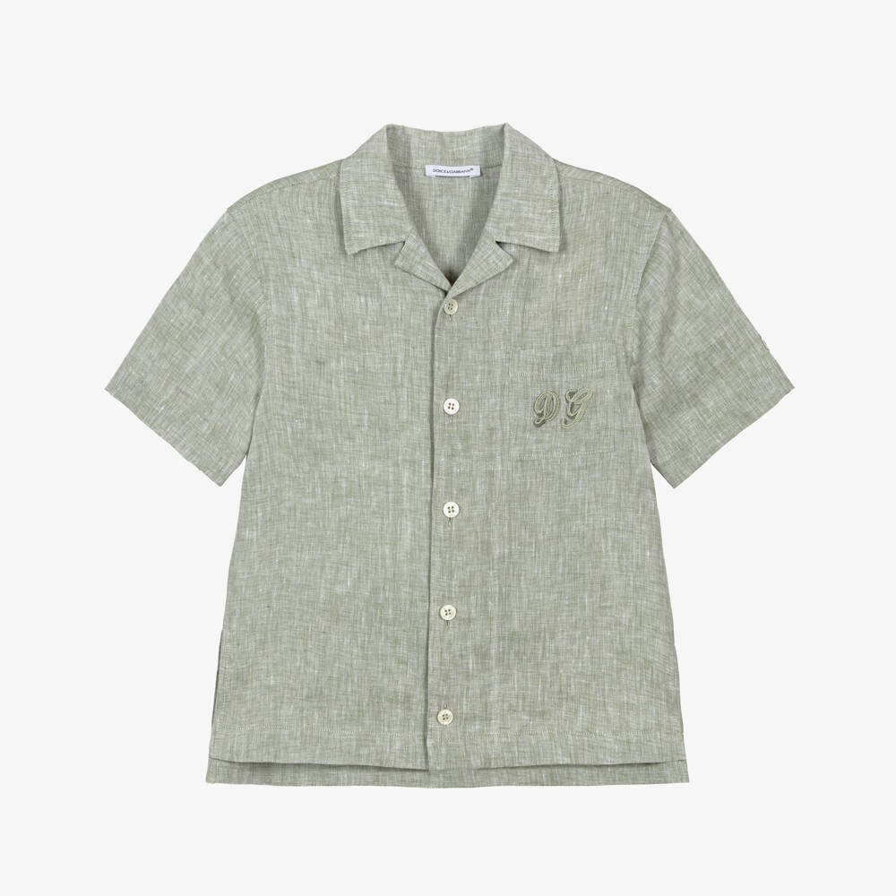 Dolce & Gabbana-Boys Green Marl Linen Shirt with DG Appliqué  | Childrensalon