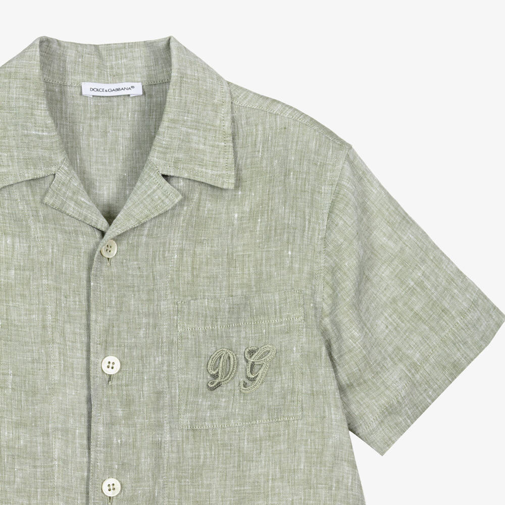 Dolce & Gabbana-Boys Green Marl Linen Shirt with DG Appliqué | Childrensalon