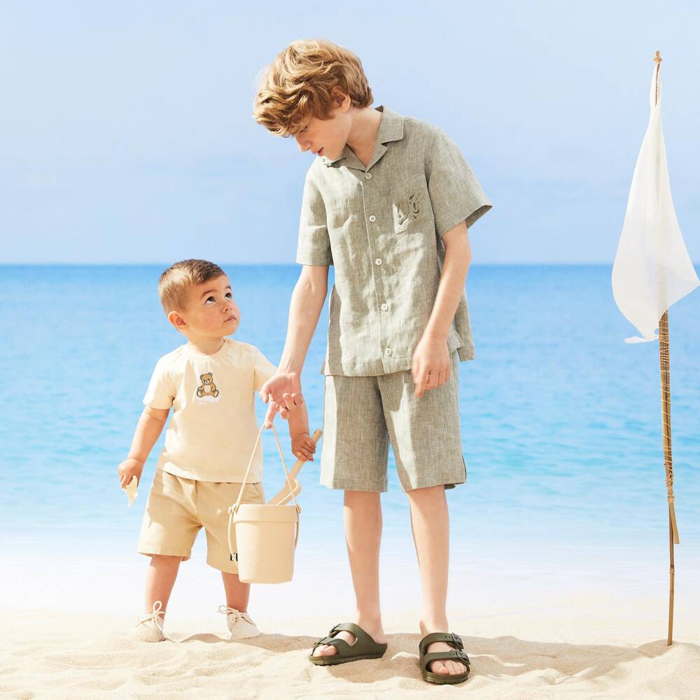 Dolce & Gabbana-Boys Green Marl Linen Shorts with DG Appliqué | Childrensalon