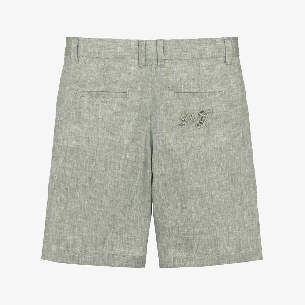 Dolce & Gabbana-Boys Green Marl Linen Shorts with DG Appliqué | Childrensalon