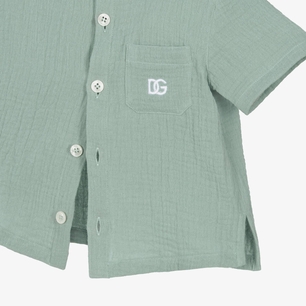 Dolce & Gabbana-Boys Green Muslin Collarless Shirt | Childrensalon